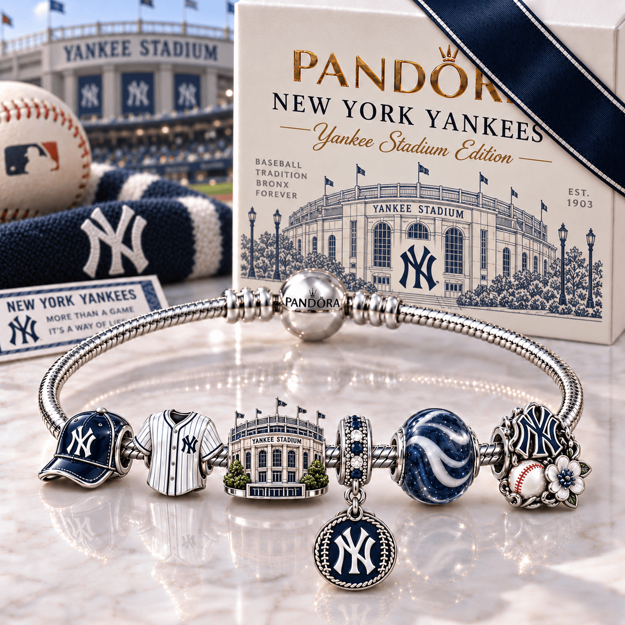 NYY Silver Charm Bracelet Set NHVH