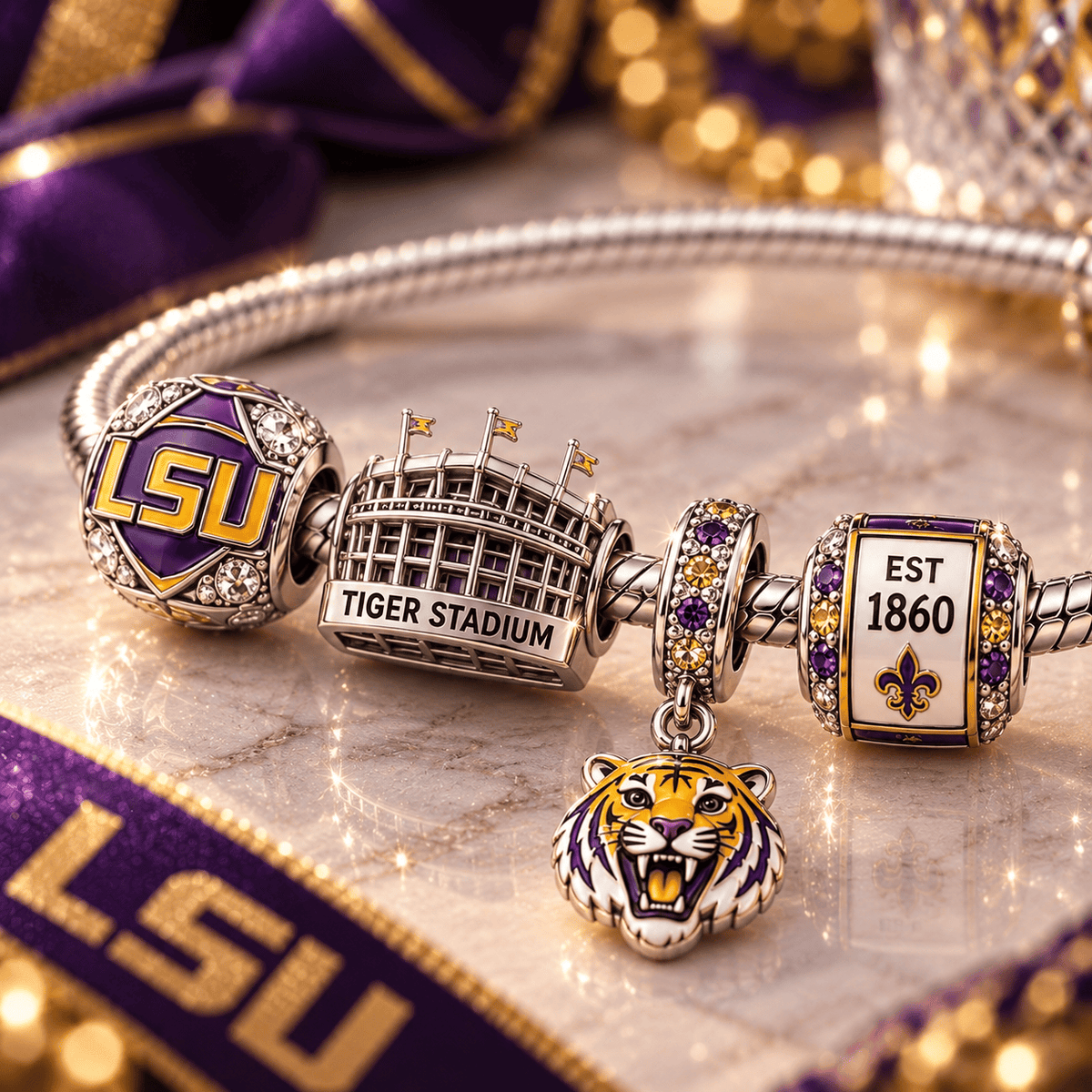LSU Silver Charm Bracelet Set VTH