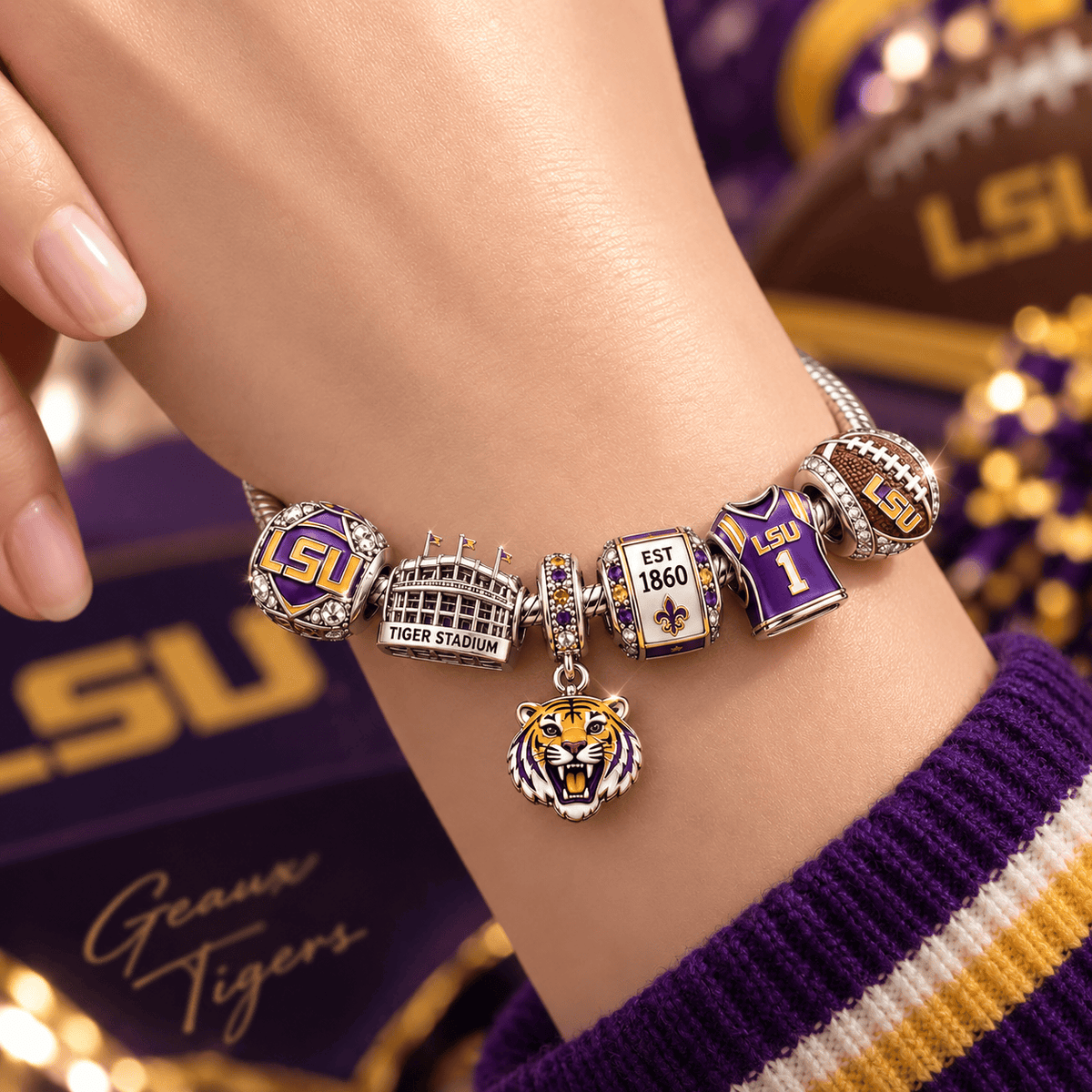 LSU Silver Charm Bracelet Set VTH