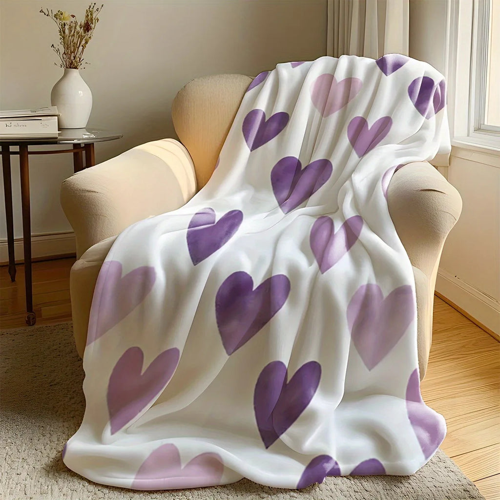 Purple Heart Pattern Throw Blanket, Soft Cozy Flannel Blanket, Romantic Home Decor Gift for Couch Bed