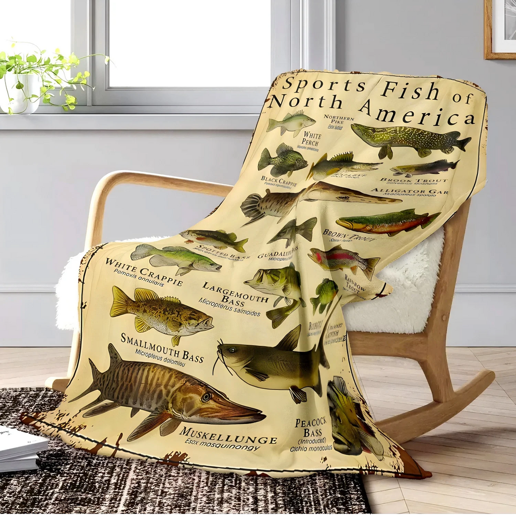 1pc Throw Sports fish Pattern Flannel Blanket for Couch Bed Sofa Cozy Comfy Warm blankets Festival Gifts Family Decor all season