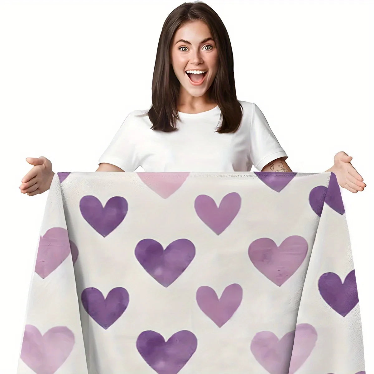 Purple Heart Pattern Throw Blanket, Soft Cozy Flannel Blanket, Romantic Home Decor Gift for Couch Bed