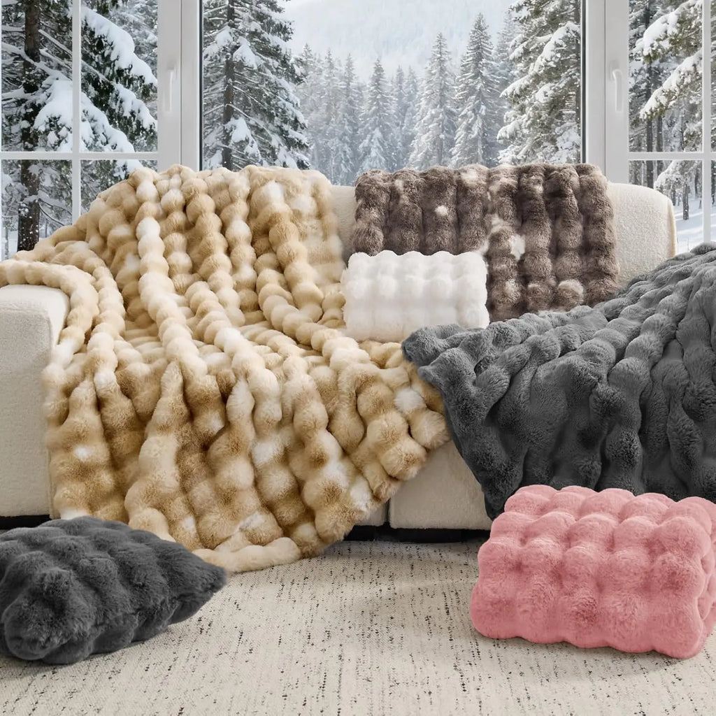 ROSEKIND Faux Fur Throw Blanket for Couch, Decorative Tie-Dye Khaki Plush Bubble Blanket - Super Soft & Cozy Fluffy 6LBS